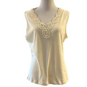 BASIC EDITIONS CROCHET TRIMMED COTTON TANK TOP CREAM WHITE SIZE L NEW WITH TAGS